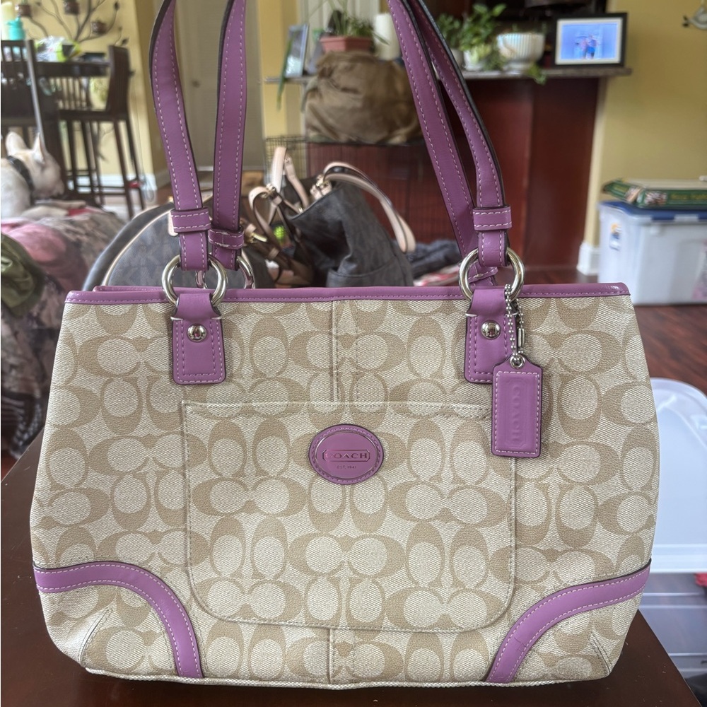 Coach Cream and Purple Shoulder Bag with Signature Monogram